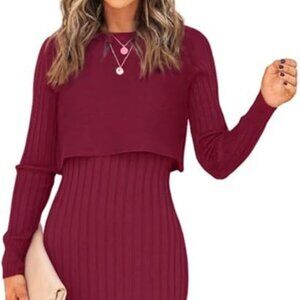 Women’s Long Sleeve Sweater Dress 2 Piece Ribbed Crop Top and Tank Bodycon Sz M